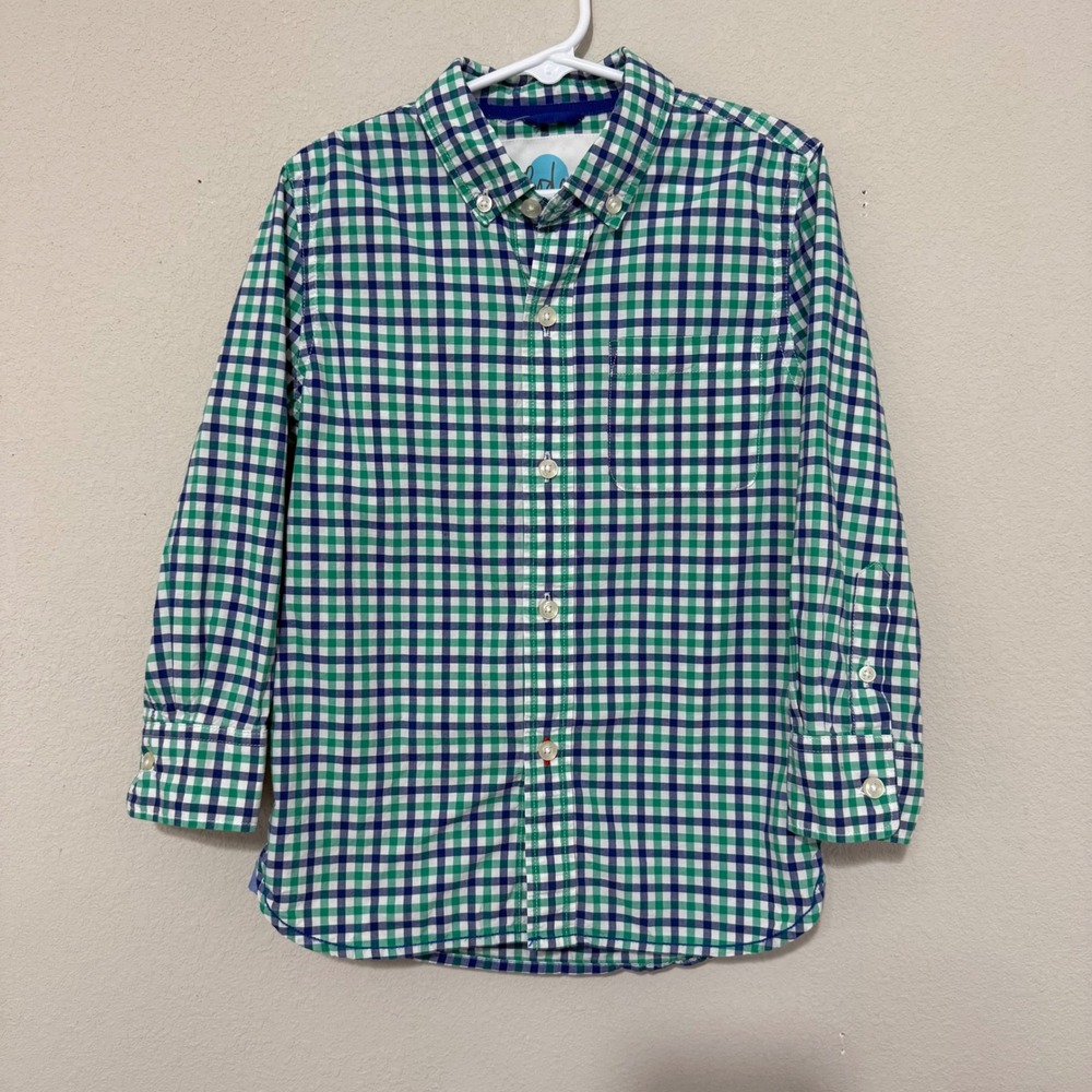 Boden Button Down Shirt Kids 5-6Y Green Blue Gingham Check Long Sleeve Cotton